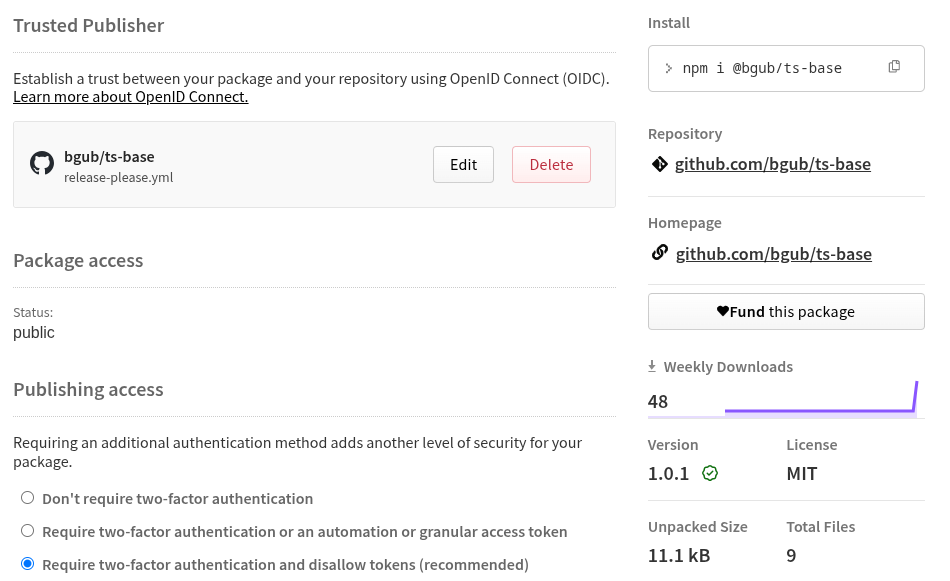 Screenshot of npm publishing settings